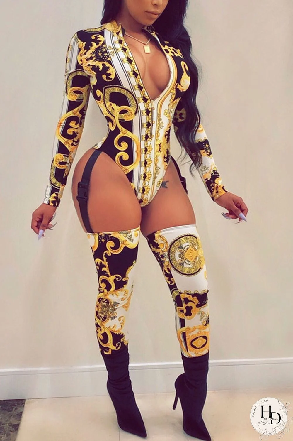 rose red Polyester Long Sleeve Print Patchwork Skinny shorts