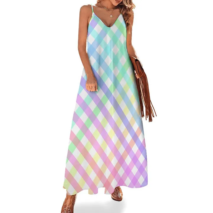 Pastel Rainbow Plaid Ombre Check Women's Casual Strappy V Neck Sleeveless Flowy Loose Long Maxi Beach