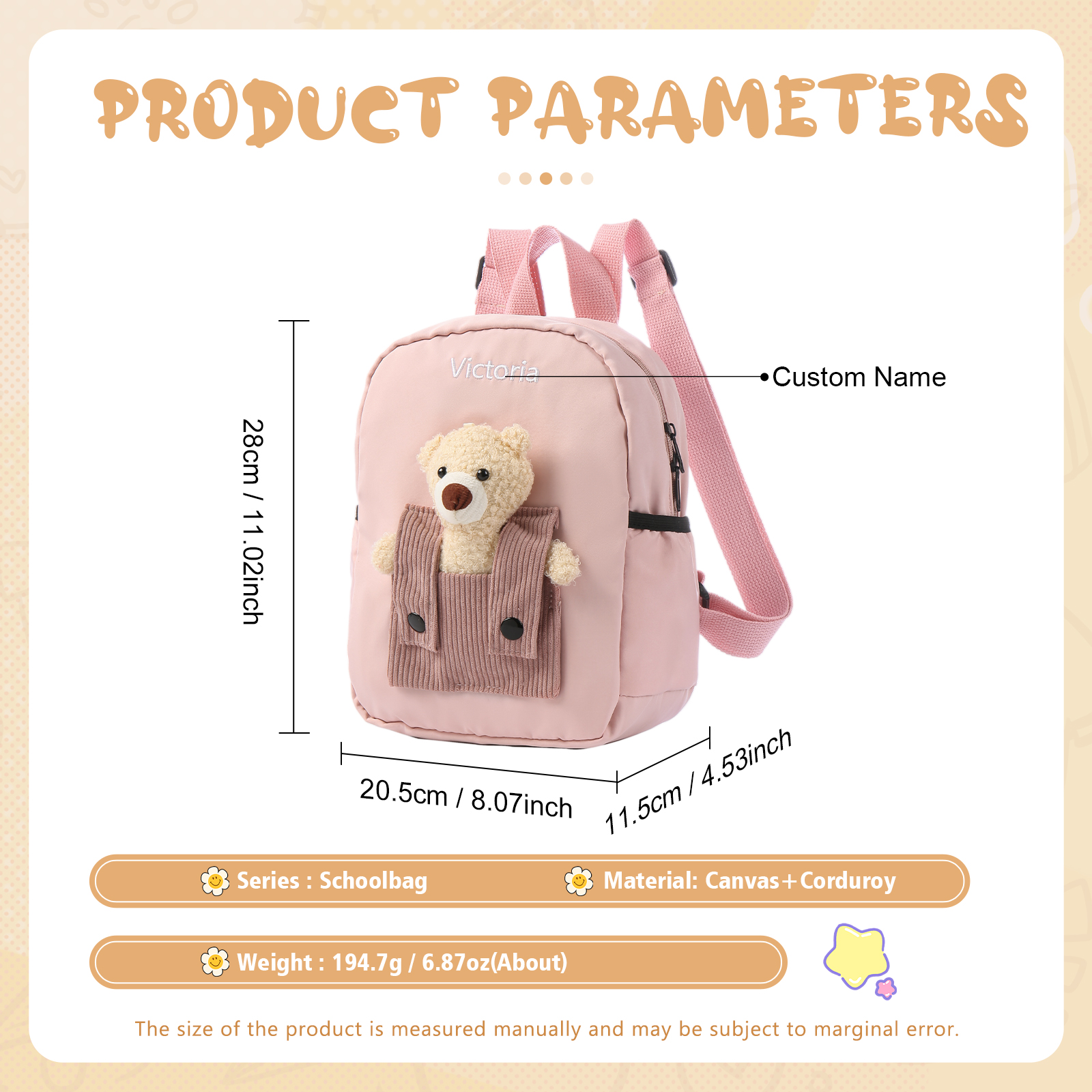 Personalised Bear School Bag Custom Name Canvas Backpack Back To School Gift for Kids-Jessemade AU