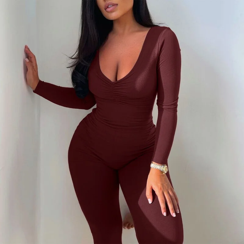 Hugcitar 2021 Solid Long Sleeve V Neck Bodycon Draped Sexy Jumpsuit Summer Autumn Women Fashion Streetwear Party Club Outfits