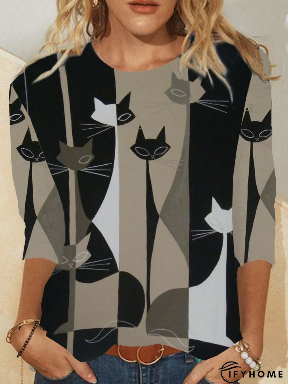 Casual Animal Crew Neck Long Sleeve Tunic T-Shirt | IFYHOME