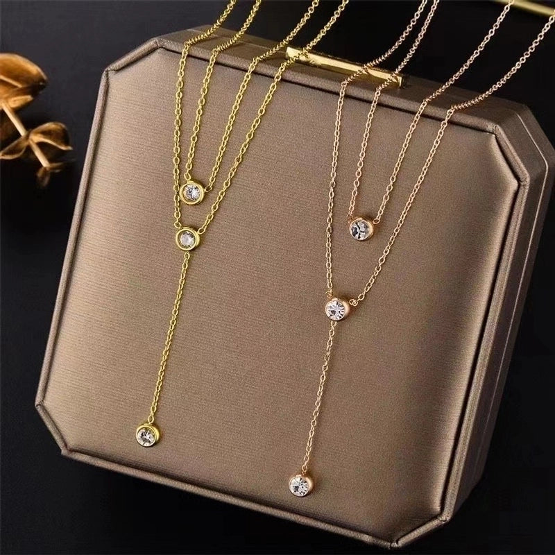 Casual Minimalist Round Titanium Steel Zircon Inlay Double Layer Necklaces