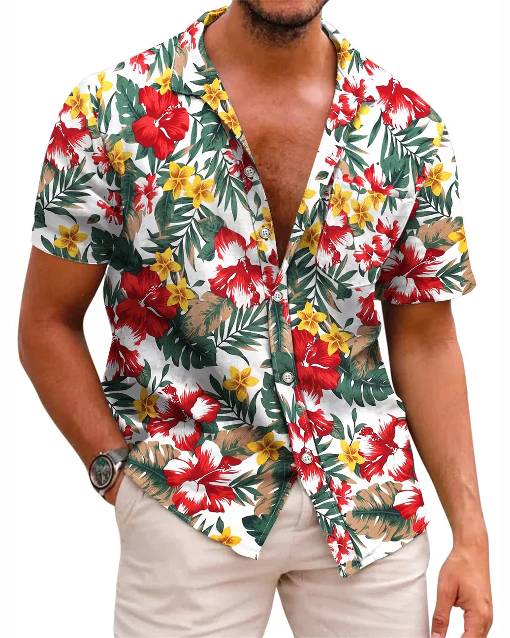Men's Hibiscus Hawaiian Tropical Print Casual Pocket Short Sleeve Shirt  1390