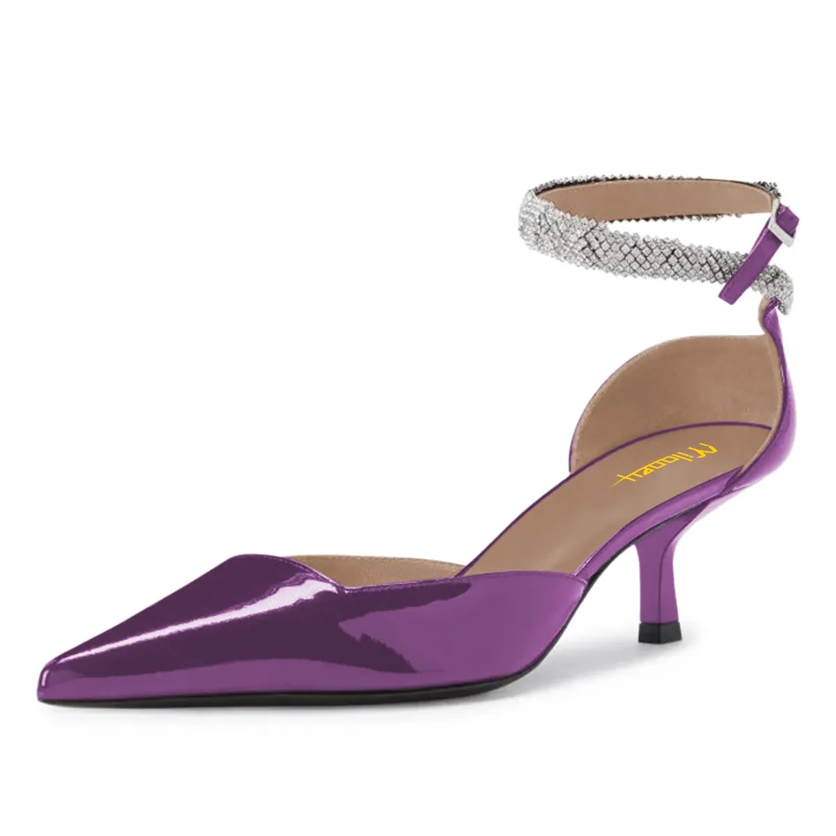 Kitten Heel Rhinestone Ankle Strap Pumps for Women in Purple Nicepairs