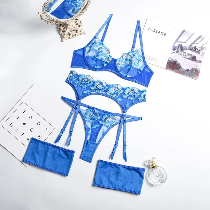 Ellolace Sexy Lingerie See Through Lace Four Piece Set Fancy Underwire Bra Kit Push Up Underwear