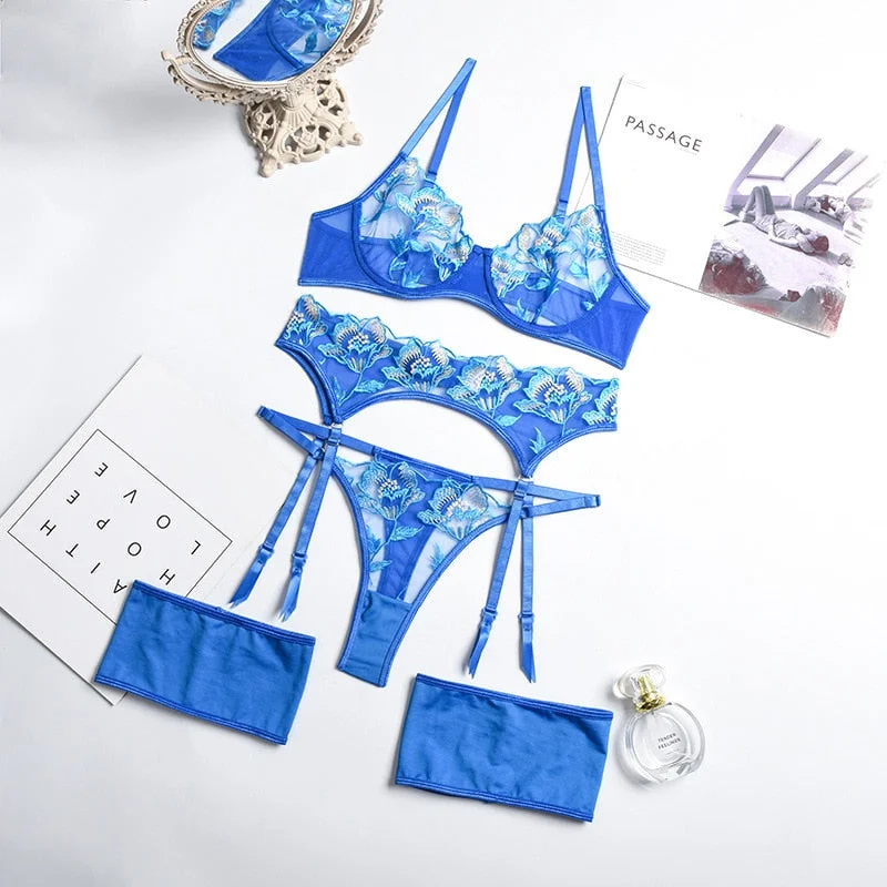 Ellolace Sexy Lingerie See Through Lace Four-Piece Set Fancy Underwire Bra Kit Push Up Underwear Erotic Brief Lace Garters