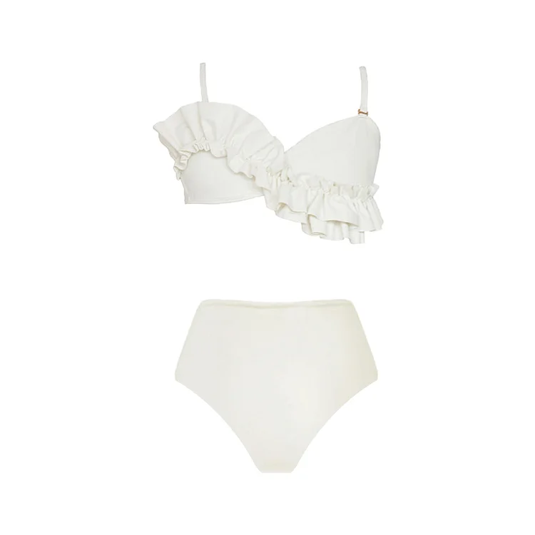 Vioye White Ruffle Bikini Swimsuit and Sarong