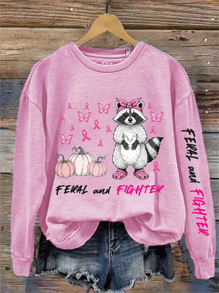 Women's Casual Pink Awareness Feral And Fighter Print Sweatshirt