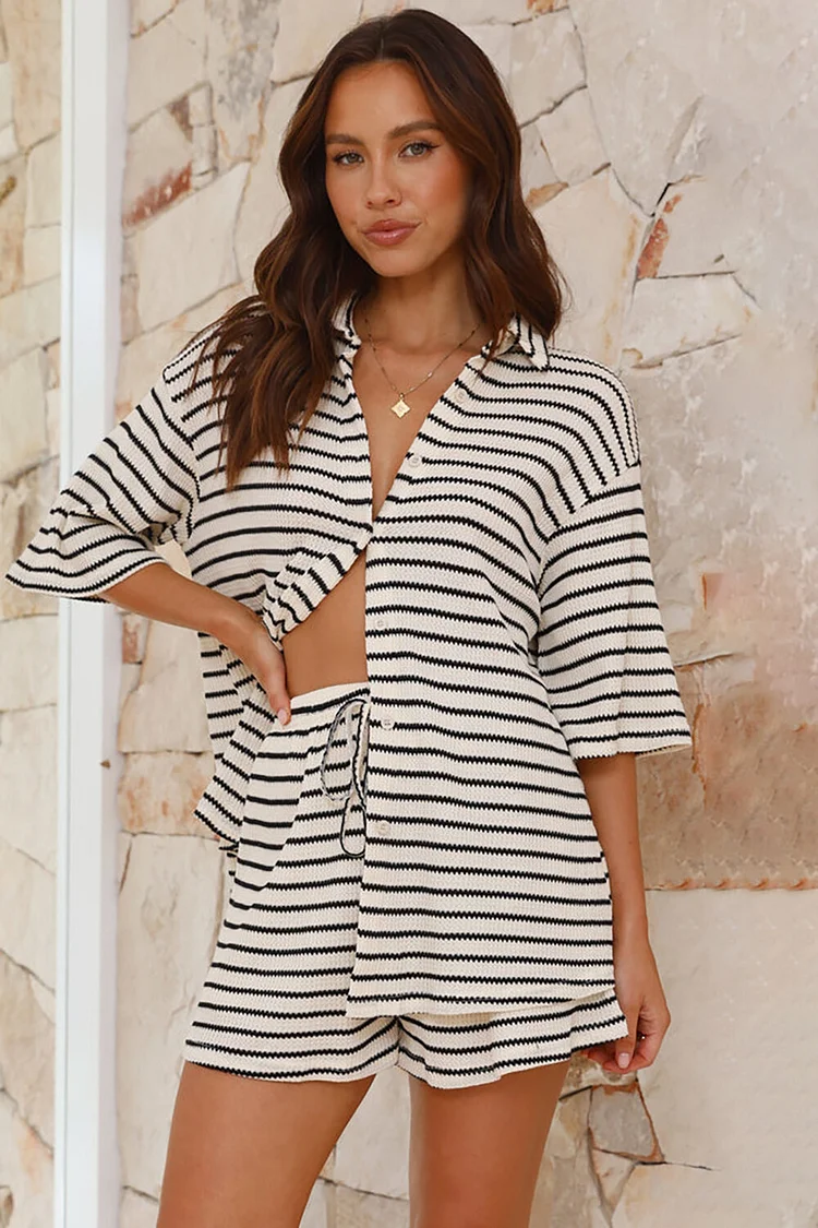 Striped Knit Half Sleeve Button Up Blouse Casual Shorts Matching Set-OffWhite