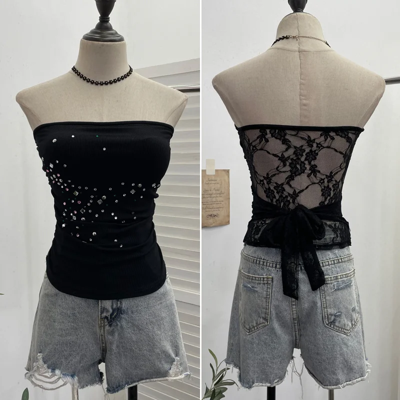 Nigikala Nigikala Diamond Splicing Lace-Back Strapped Braided Braided Braided Brae Folded Bra Sleeveless Top 1196