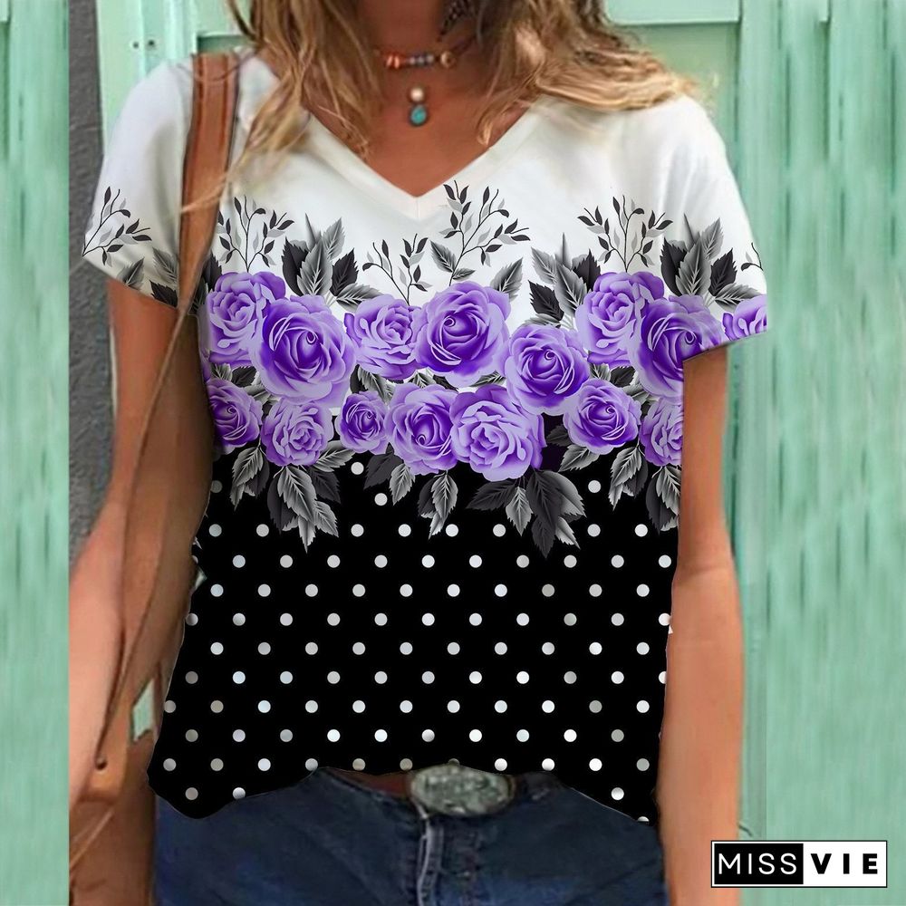 V Neck Flower And Polka Dot Leisure Tee