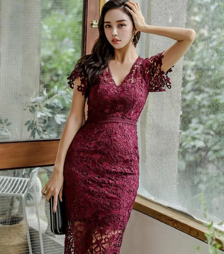 Elegant V-neck Slim Wrap Butt Lace Pencil Dress