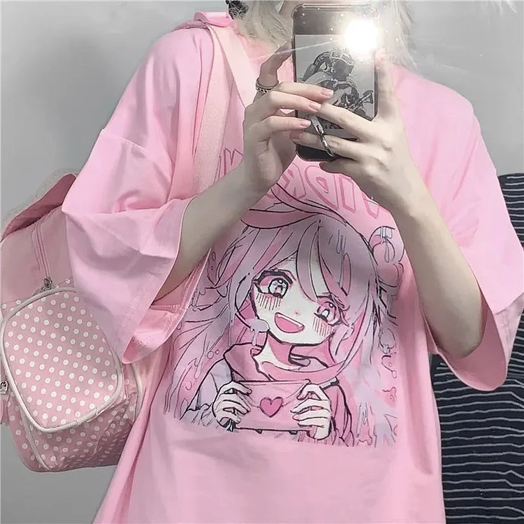 Pastel Kawaii Anime Girl Pink T-Shirt - Gotamochi Kawaii Shop, Kawaii Clothes