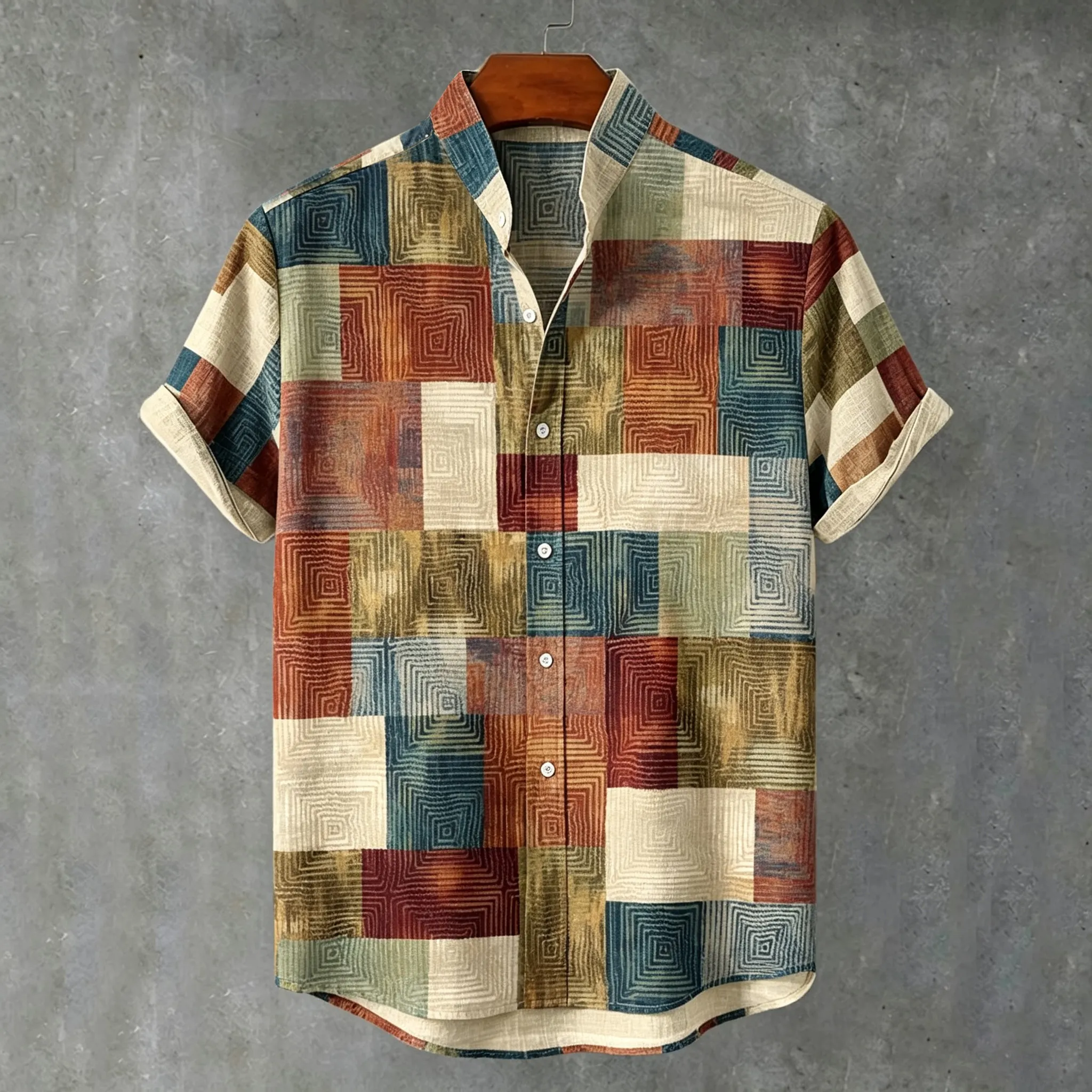Men's Retro Casual Color Block Print Cotton Linen Short-sleeve Shirt  artssus