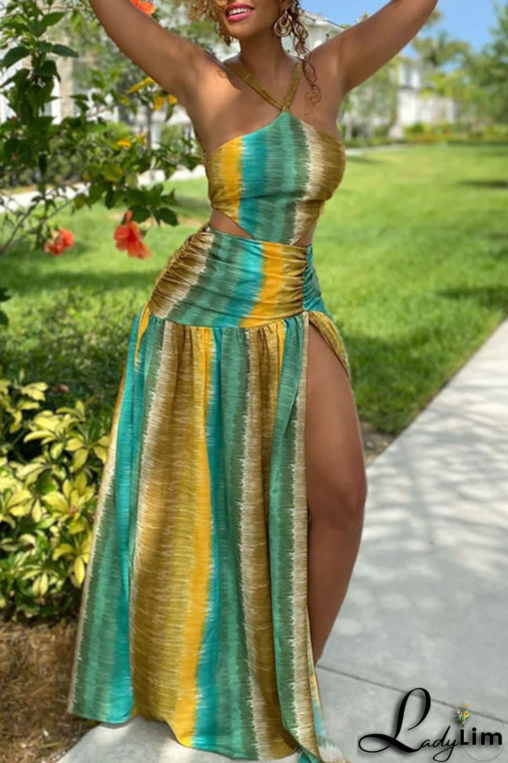 Green Sexy Print Split Joint Backless Straight Dresses