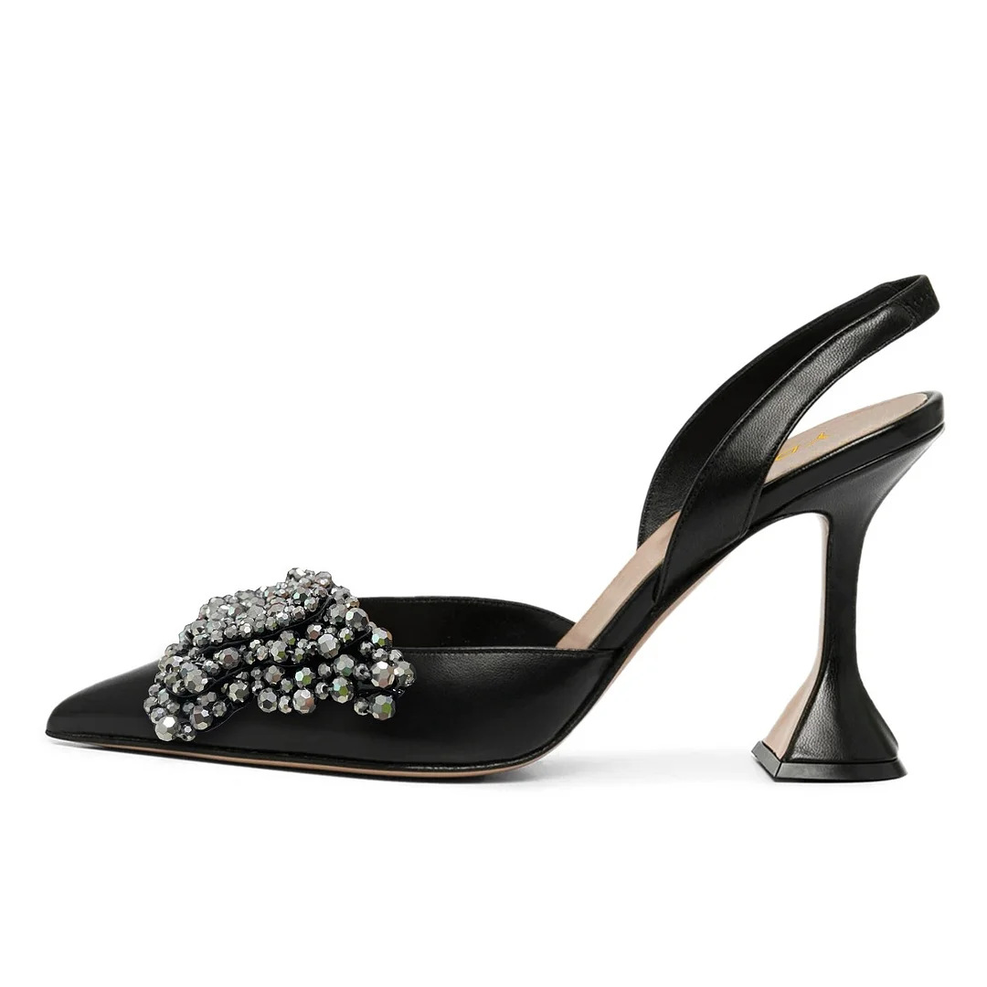 Rhinestone Butterfly Ponited Toe Slip On Women‘s Black Heels