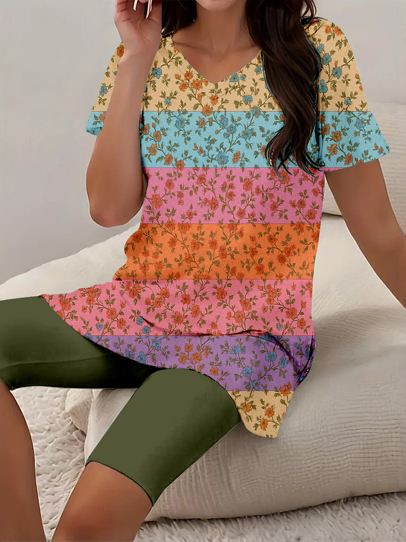 Women Long Sleeve V-neck Graphic Floral Printed Top