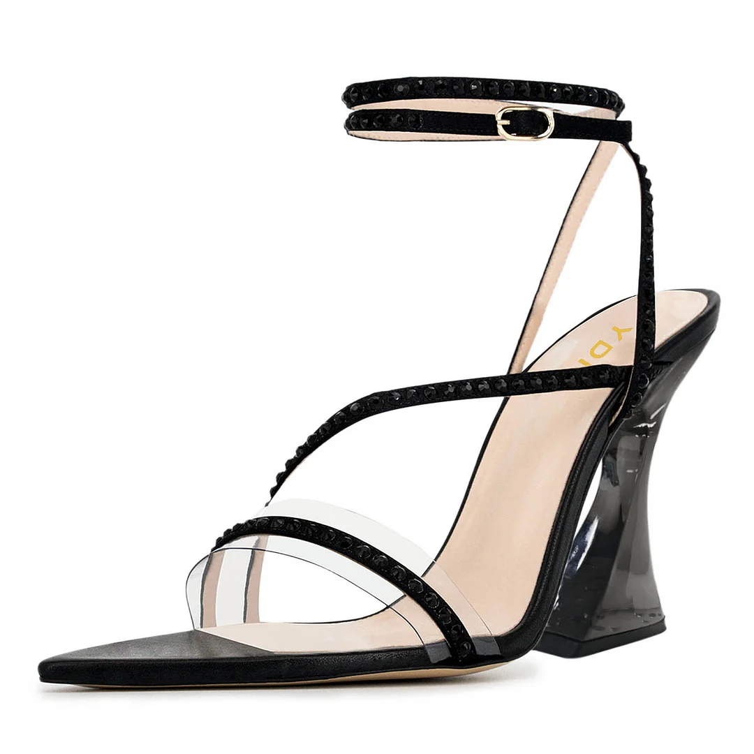 Open Toe Patchwork Studded Ankle Strap Black Heels Sandals