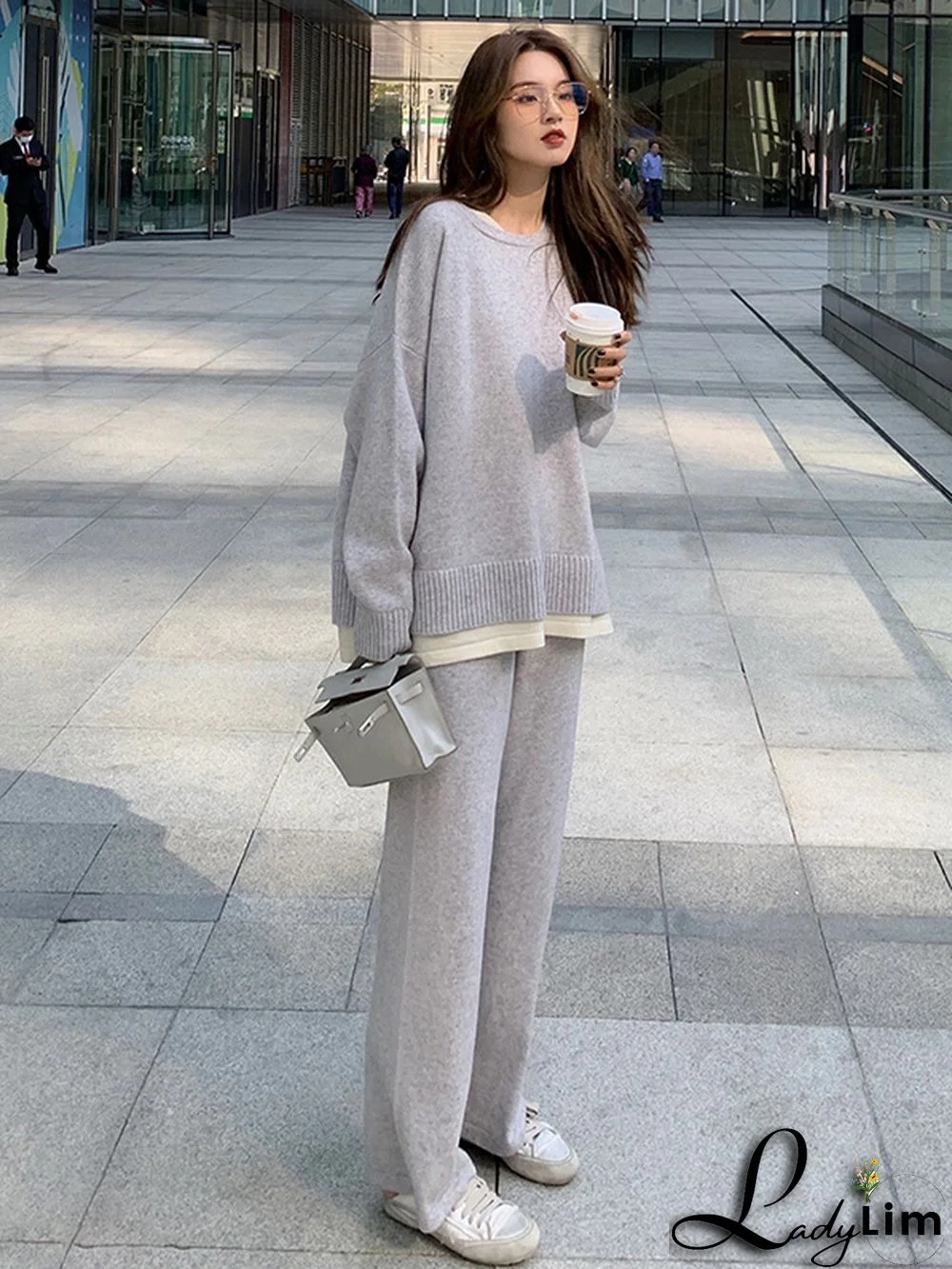 Casual Loose Solid Color Round-Neck Sweater Tops & Wide Leg Pants Suits