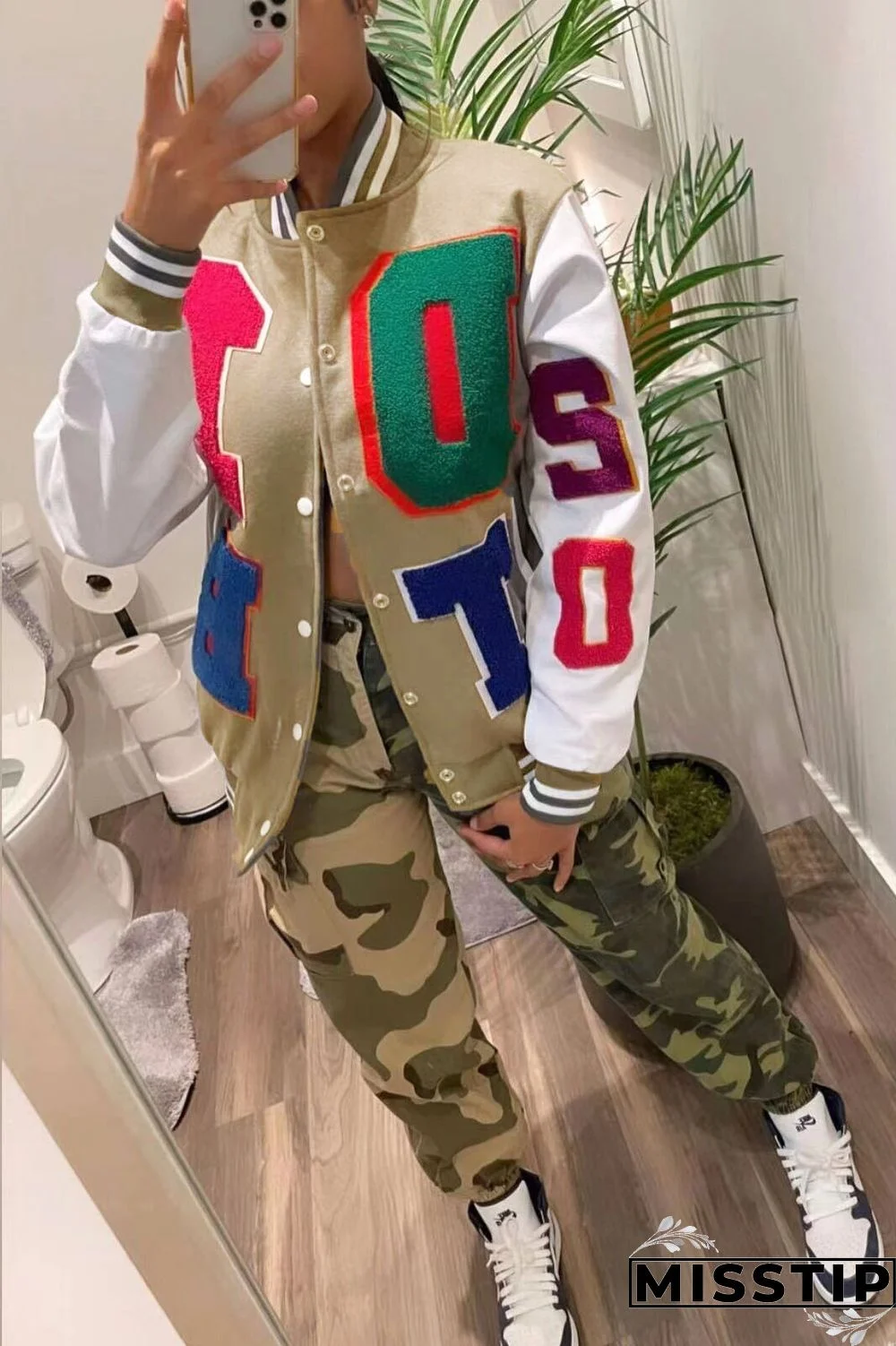 Blue Casual Letter Patchwork Contrast Turn-back Collar Outerwear