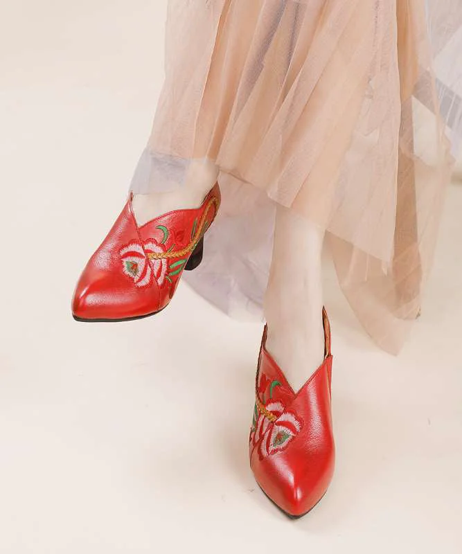 Women Red Cowhide Leather Embossed Splicing High Heels