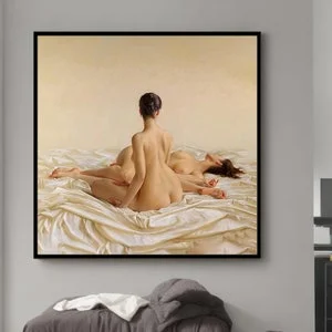 Pornhint Naked Concubines in the Harem Wall Art Print on Canvas, Nudes on Beige Satin Painting, Naked Women Posterr NSFW