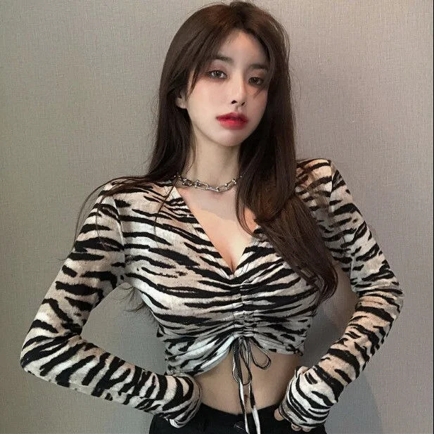 Spring and autumn v-neck long-sleeved striped top feminine drawstring short T-shirt zebra print fashionable top