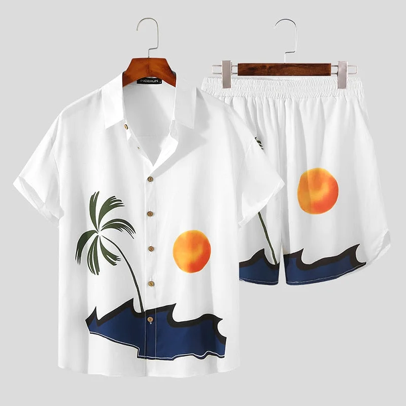 2022 Summer Men Beach Sets Streetwear Short Sleeve Lapel Shirt Printed Shorts Breathable Casual Men Hawaiian Suits 2 Pieces