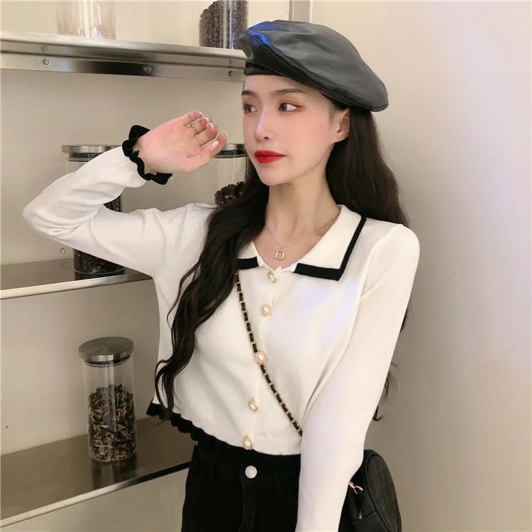 Women Cardigans French Style Peter Pan Collar Patchwork Stringy Selvedge Fashion Pearls Single Breasted Tender Elegant Lady Ins