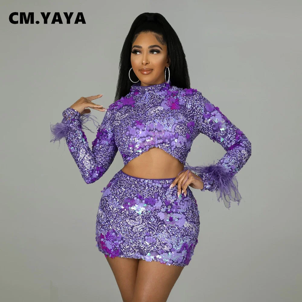 CM.YAYA Women Sequines Floral Mini Midi Skirts Suit and Feather Sleeve Crop Tops Beach Sexy Matching Two 2 Piece Set Outfits