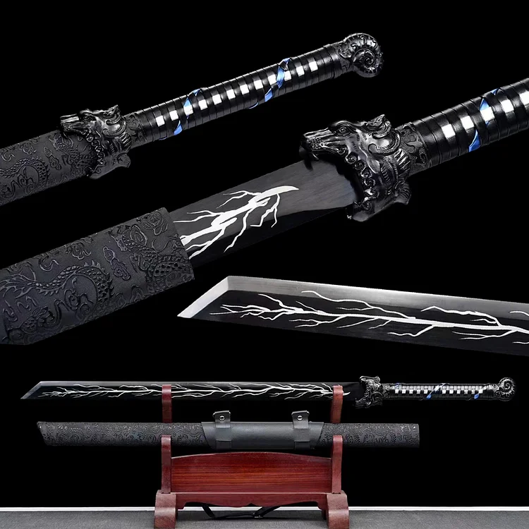 dragon pattern black scabbard Samurai sword,tiger sculpture pattern tsuba katana,Baked black blade Japan handmade swords,best anime katana