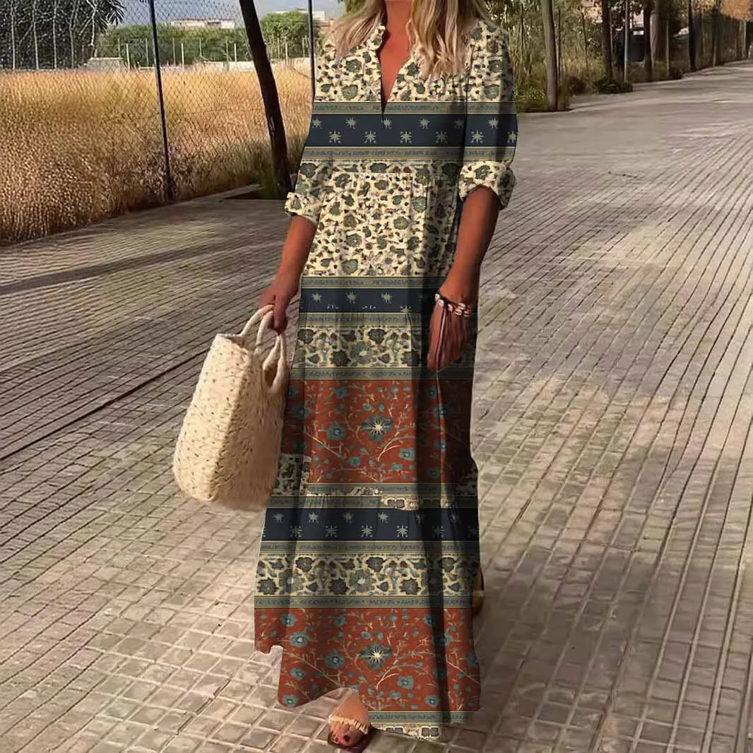 Women Floral, Red, Patchwork DZDN0053 SPU Printed Long Sleeve V-neck Maxi Dress