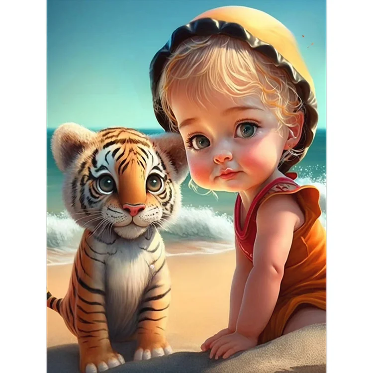 Full Round Drill Diamond Painting -Girl And Little Lion At The Beach - 30*40cm