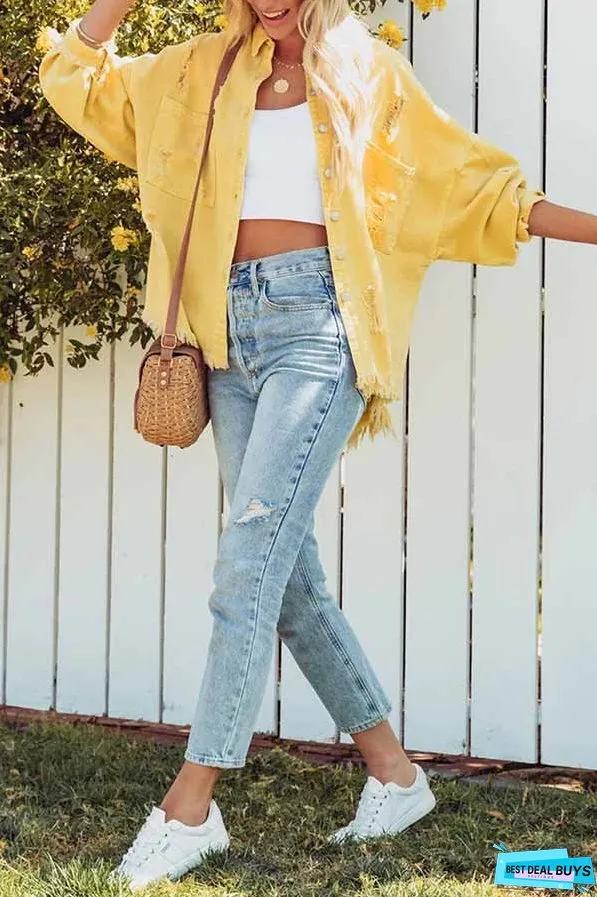 Distressed Raw Hem Denim Jacket with Chest Pockets
