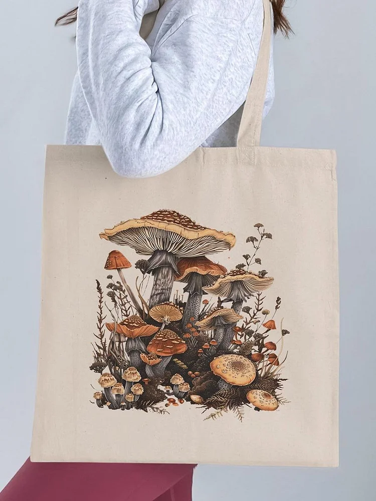 Mushroom Print Pattern Linen Tote Bag