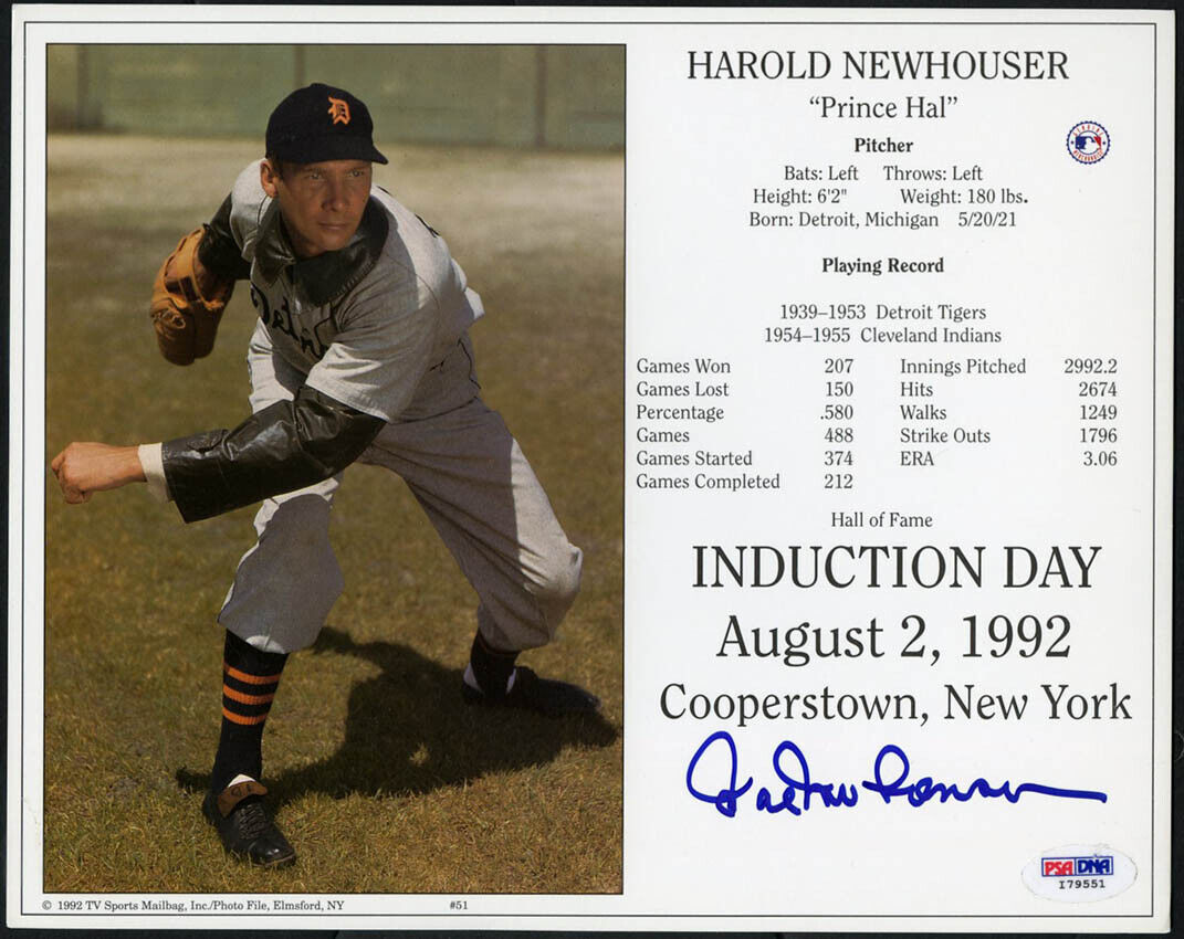 Hal Newhouser SIGNED 8x10 HOF Induction Card Photo Poster painting Tigers PSA/DNA AUTOGRAPHED