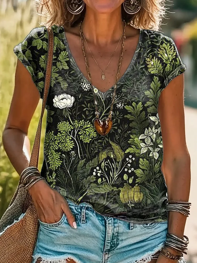 Women's Floral Botanical Art Print Cotton V Neck T-Shirt