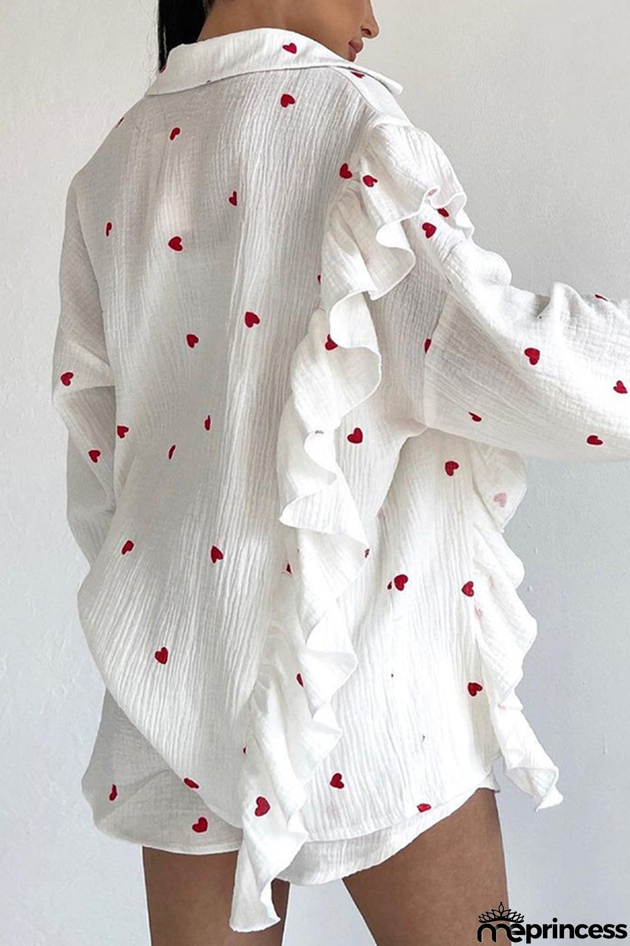 Heart Print Ruffle Long Sleeve Shirt Two Piece Shorts Set