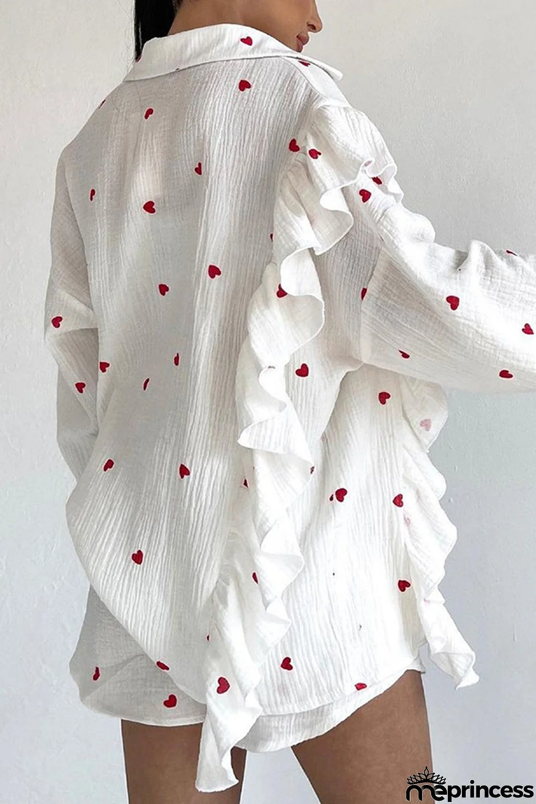 Heart Print Ruffle Long Sleeve Shirt Two Piece Shorts Set