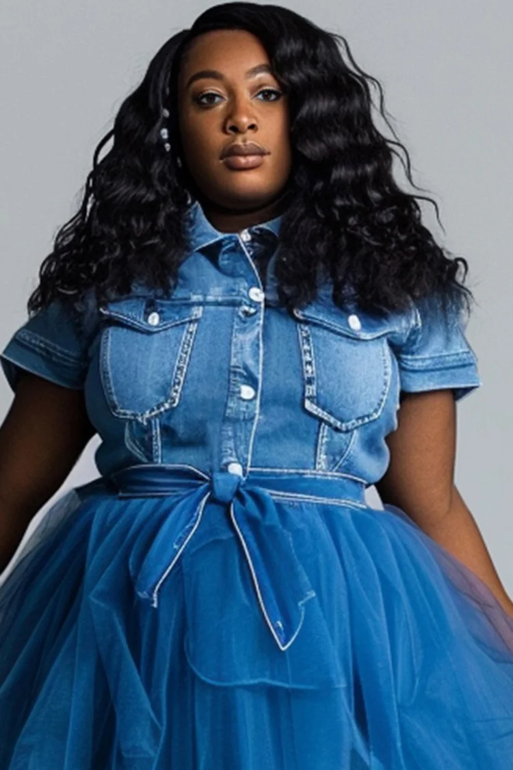 Xpluswear Design Plus Size Daily Blue Casual Shirt Collar Short Sleeve Contrast Tencel Denim Midi Dresses [Pre-Order]