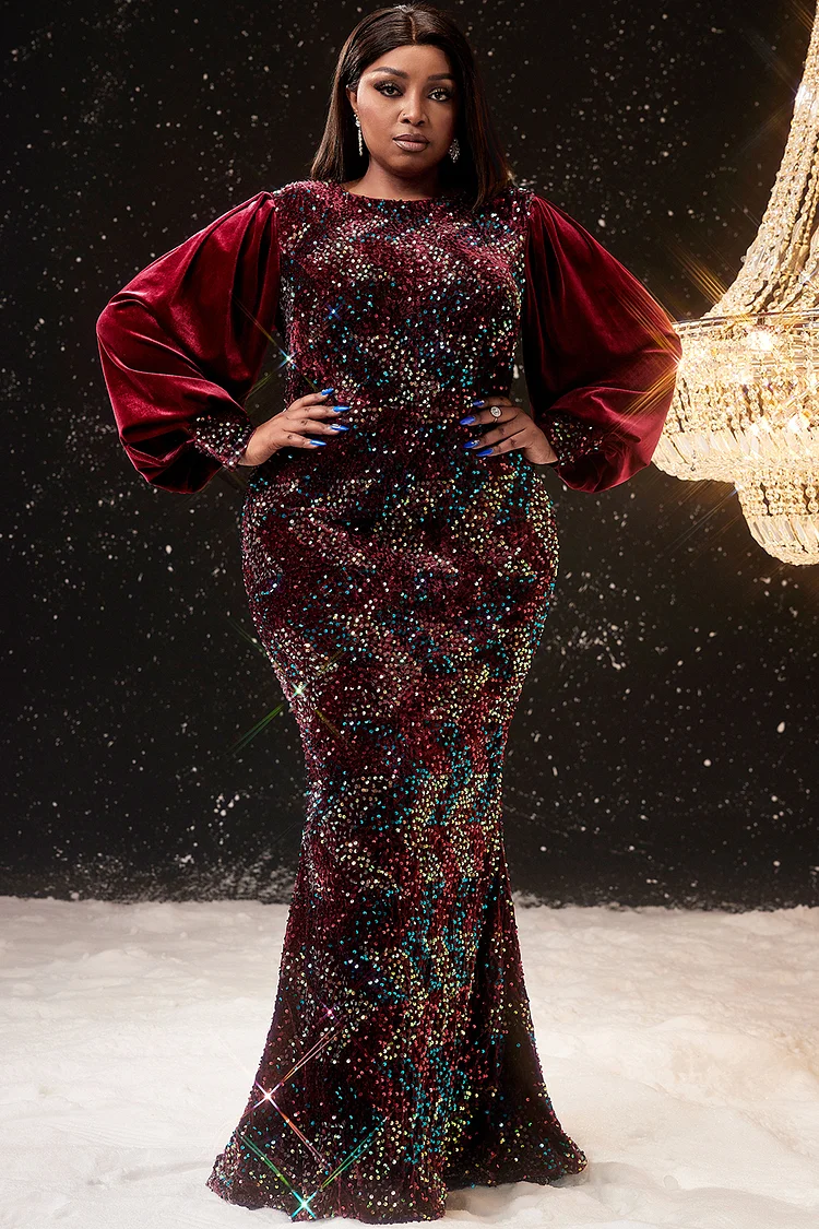 Xpluswear Design Plus Size Prom Dress Burgundy Velvet Sequin Floor Length Maxi Dress [Pre-Order]
