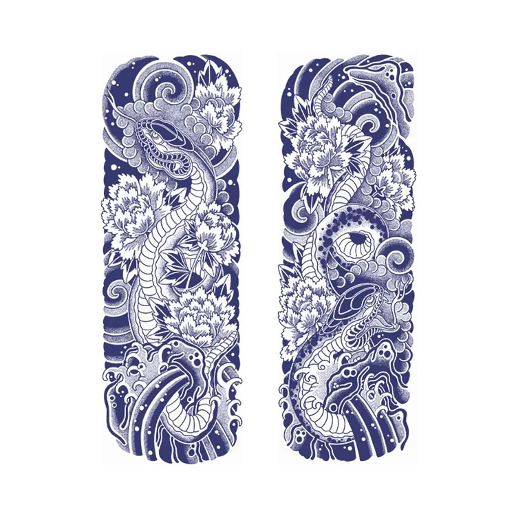 2 Sheets Dragon Snake Wave Sea Full Arm Semi-Permanent Juice Ink Tattoo