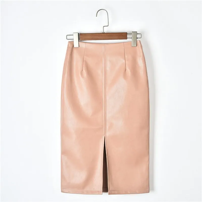 2021 Summer Midi Skirt Women Plus Size Solid Split Skirts Korean PU Leather Skirts Women High Waist Straight Midi Skirts 10091