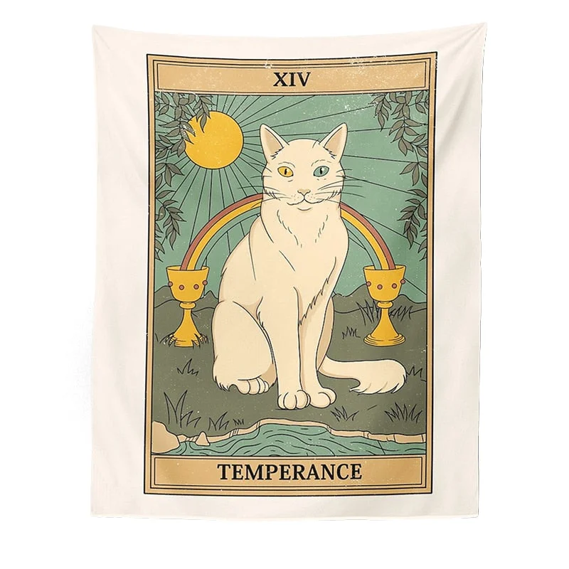 Cat Divination Witchcraft Tarot Card Tapestry Wall Hanging Tapestries Baphomet Occult Home Wall Moon phase Mat Decor Cat Coven