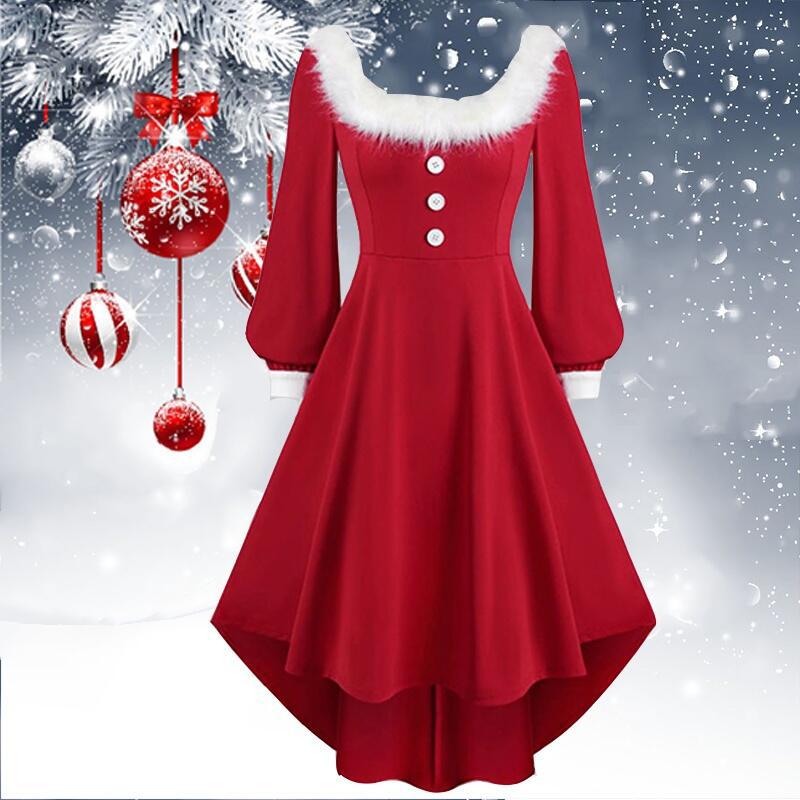 Christmas Long Sleeve Red Button Plush Dress