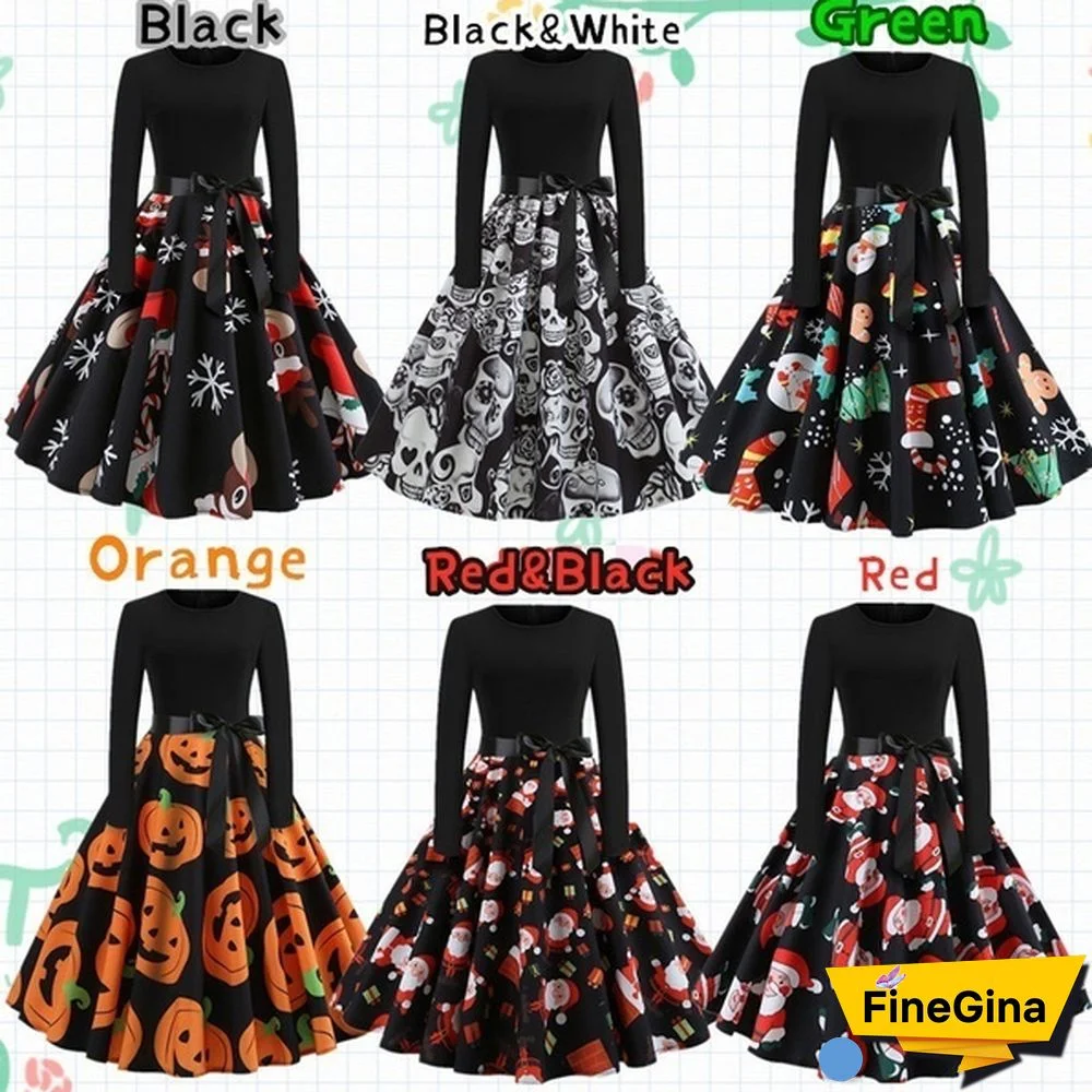 Autumn Winter Fashion Lady Xmas Clothes Christmas Costume Casual Long Sleeve Halloween Print Party Dress