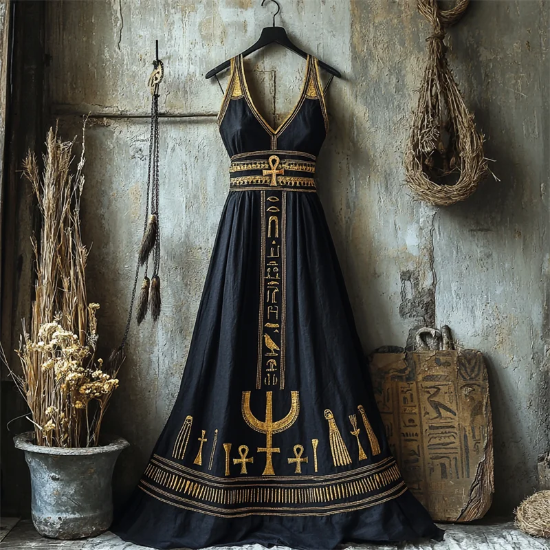 Ankh Ancient Egyptian Embroidered Linen Maxi Dress