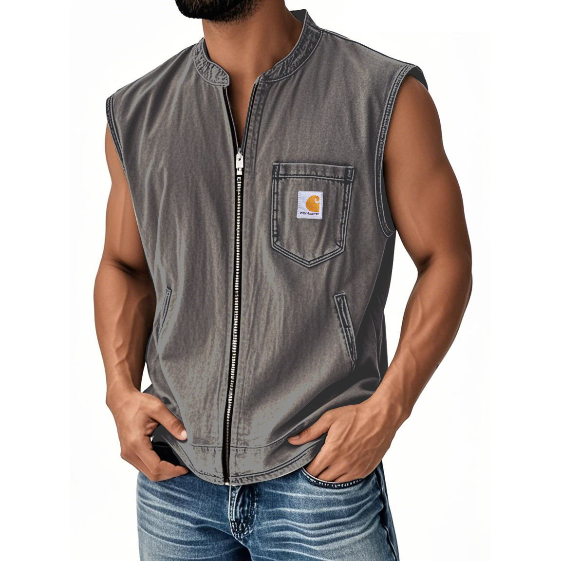 Men's Vintage Distressed Pocket Zip Vest / TECHWEAR CLUB / Techwear