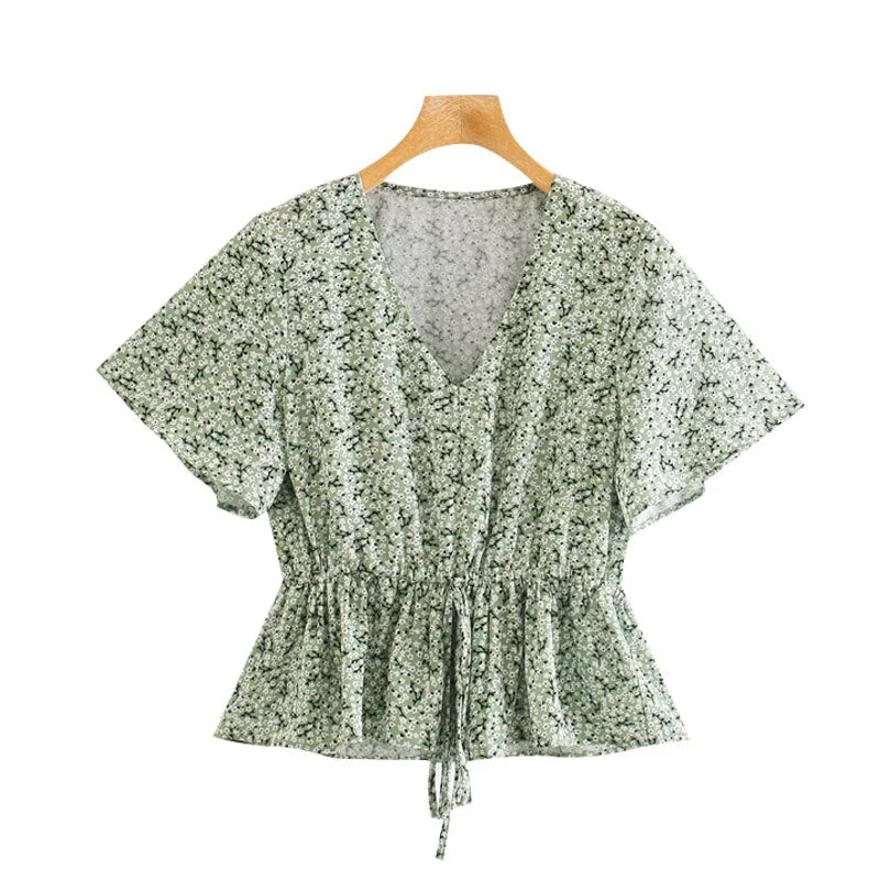 TRAF Women Fashion Floral Print Ruffled Blouses Vintage Short Sleeve Drawstring Tied Female Shirts Blusas Chic Tops