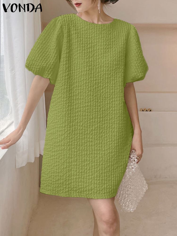 VONDA Women Summer Sundress 2023 Elegant Mini Dress Solid Color Casual Loose Pockets Short Puff Sleeve Party Vestidos